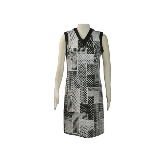 1970s Honeycomb Brand White Brown Polyester Geometric Print Sleeveless Dress - Picture 8 of 8